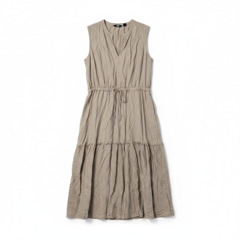 Lands' End Taupe ‎ Sleeveless Tiered Midi Dress Split V-Neck L